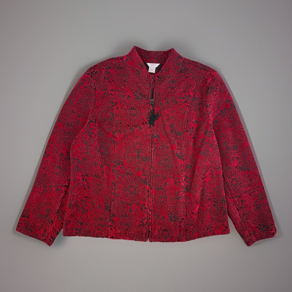 Boho Tapestry Floral Jacket Red Black Textured Zip XL Artsy